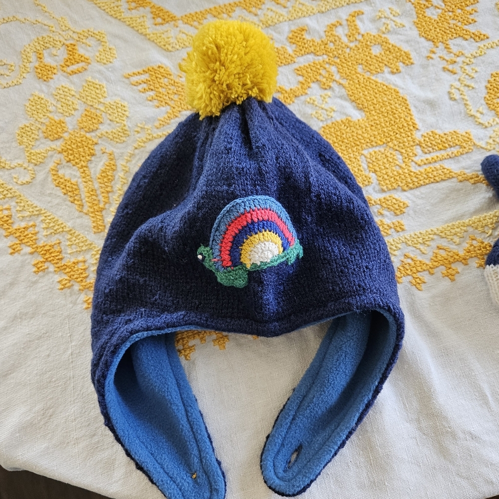 Baby Boden Blue and Yellow Pom-Pom Hat And Mittens Set